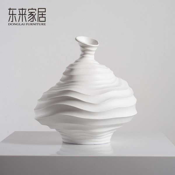 东来家居创意梯田纹路纯白色花瓶现代极简风波浪花器玄关陈设摆件