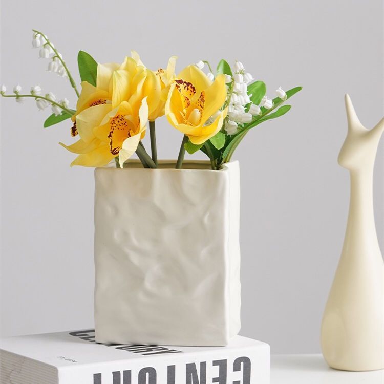 高级感简约c奶油褶皱纸袋花瓶鲜花水培插花摆件客厅餐厅干花装饰