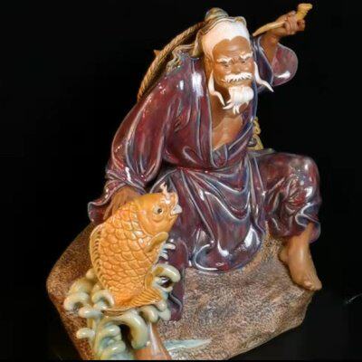 陶瓷石湾公仔创意渔翁年年有余获利商铺家居客厅装饰中式禅意摆件