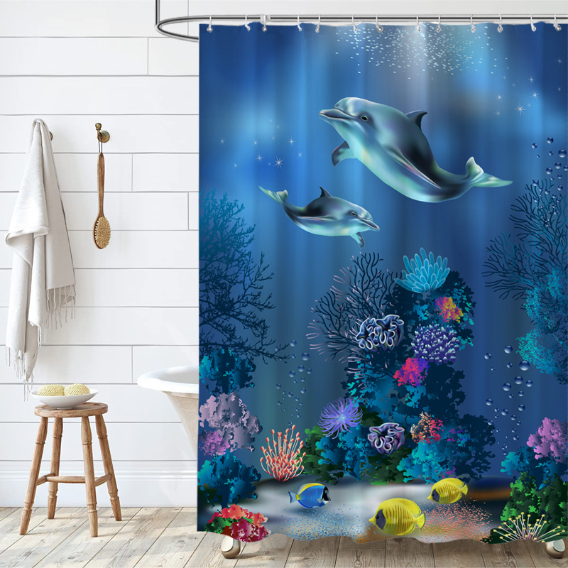 卡通海洋鱼浴帘卧室隔断帘加厚防水防霉布浴室挂帘门帘海豚窗帘