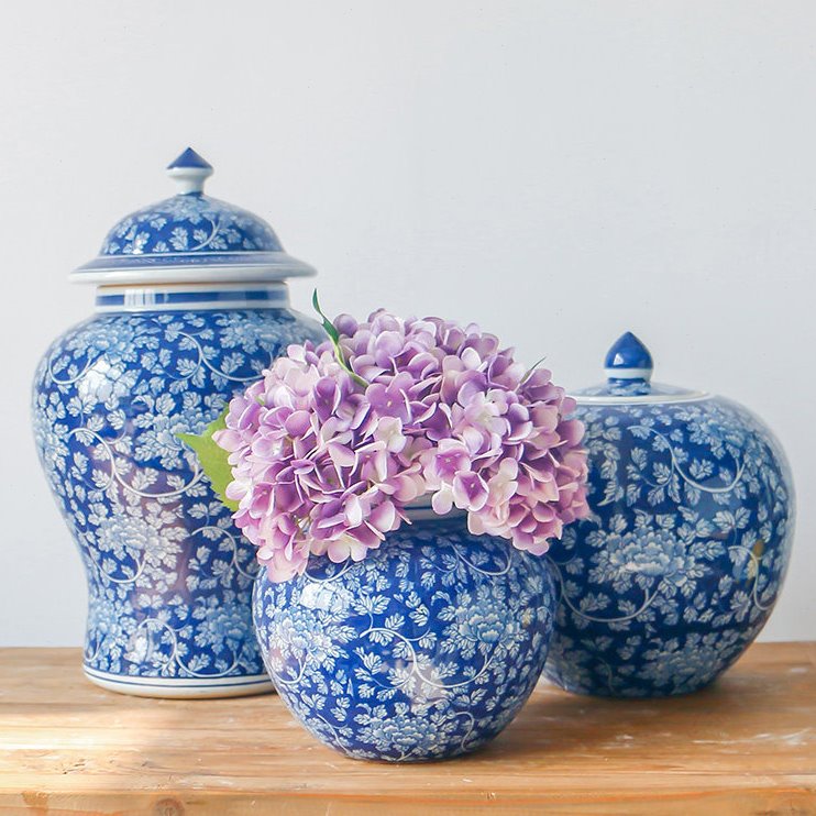 新中式复古客厅餐桌玄关装饰插花花器花瓶青花牡丹陶瓷储物罐摆件