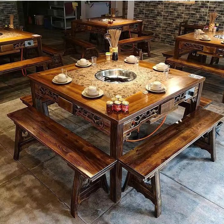 火锅桌椅组合商用燃气灶电磁炉一体桌子饭店餐馆用大理石开洞圆桌