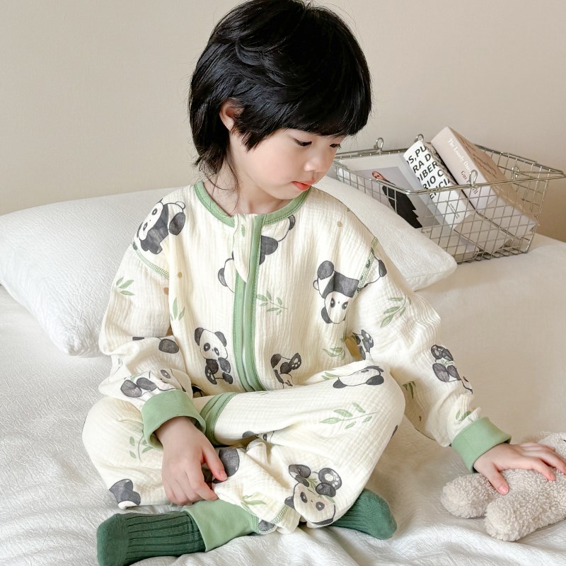 婴儿睡袋纯棉纱布春夏天儿童连体睡衣四季通用分腿防踢被宝宝夏季