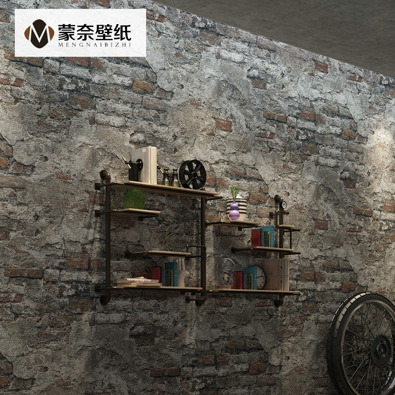 仿古砖砖块砖头仿砖复古水泥灰色砖纹墙纸仿古工业风饭店壁纸做旧