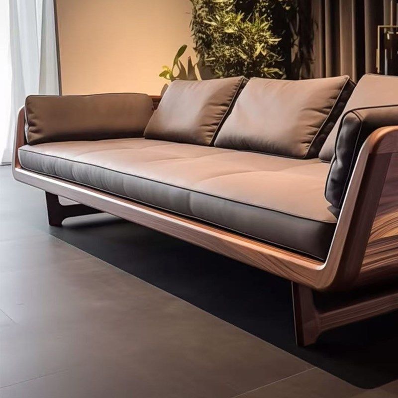 新中式实木沙发现代客厅高端直排三人位北美黑胡桃木简约真皮沙发