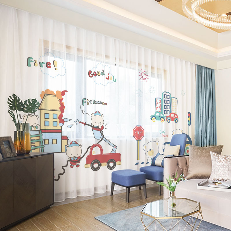 定制北欧可爱卡通风格小汽车儿童房窗帘男孩男童半全遮光飘窗窗纱