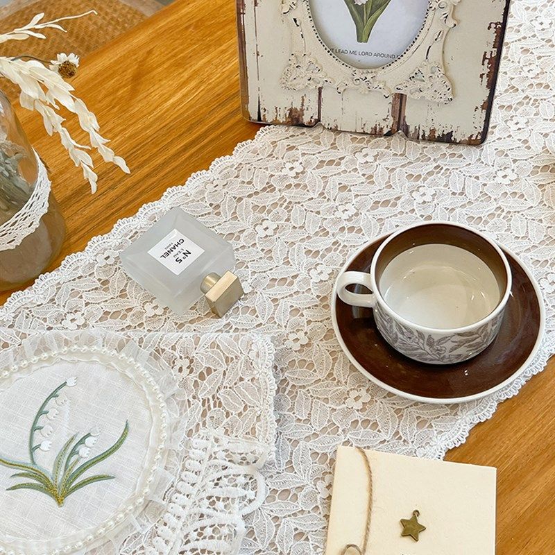 韩式法式田园白色蕾丝双层桌布桌旗复古流苏装饰巾斗柜盖布茶几旗