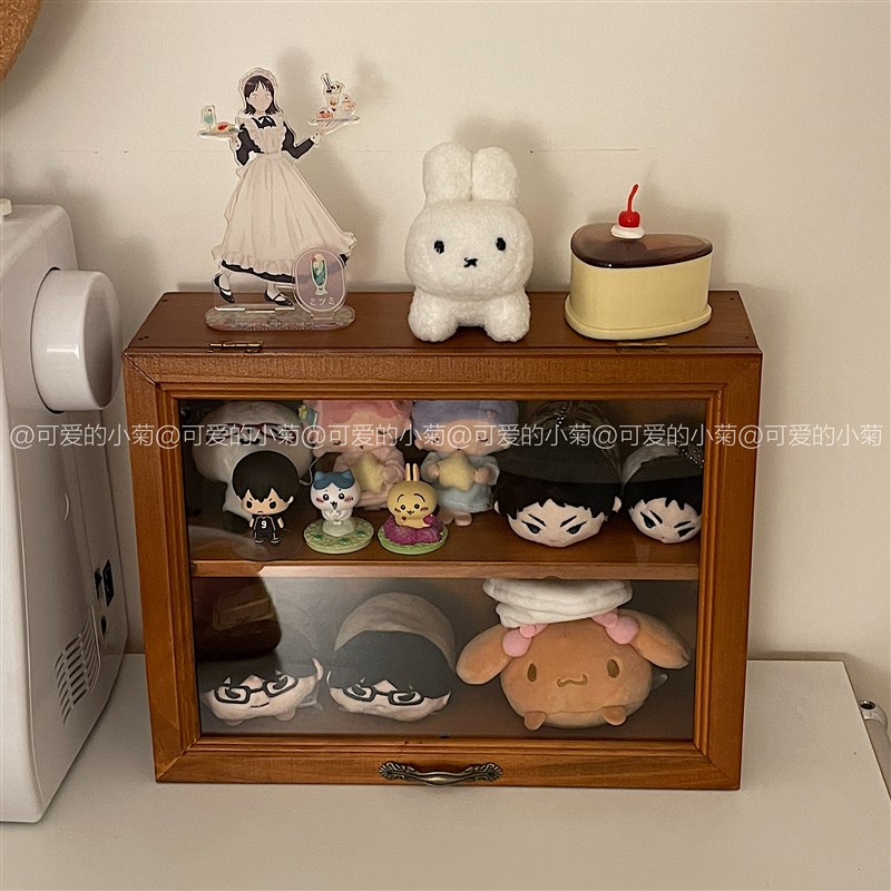 日式复古收纳柜桌面水杯玩偶防尘木制收纳展示柜收W纳实木收纳盒