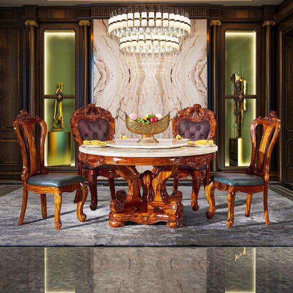 禧诚乌金木圆形餐桌椅组合欧式带转盘大理石家用豪华吃饭桌6人8人