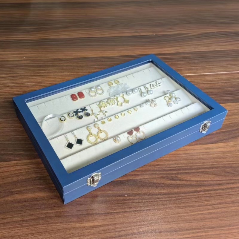 恒晶大号深蓝色皮首饰收纳盒透明A玻璃盖大容量戒指耳钉饰品展示