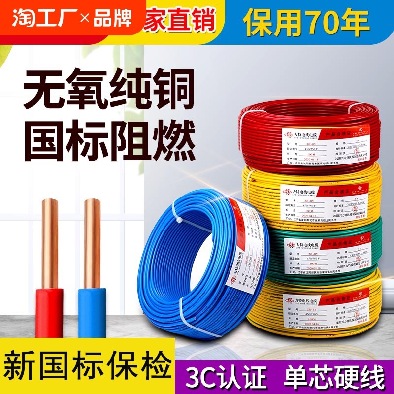 国标电线纯铜阻燃BV1.5/2.5/4/6/10平方16家装用单股硬芯塑铜线缆