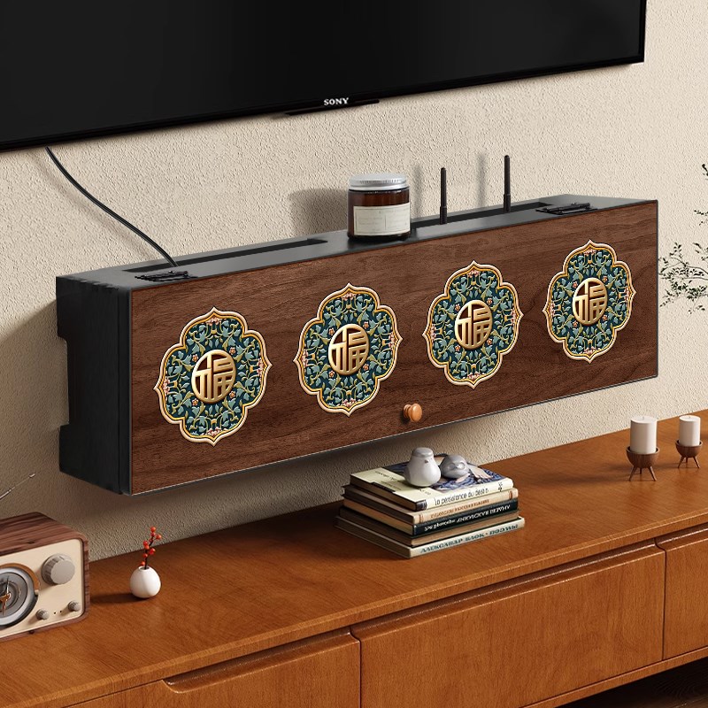 中古风wifi光猫路由器收纳盒电视柜插排电线 线遮挡免打孔遮丑置