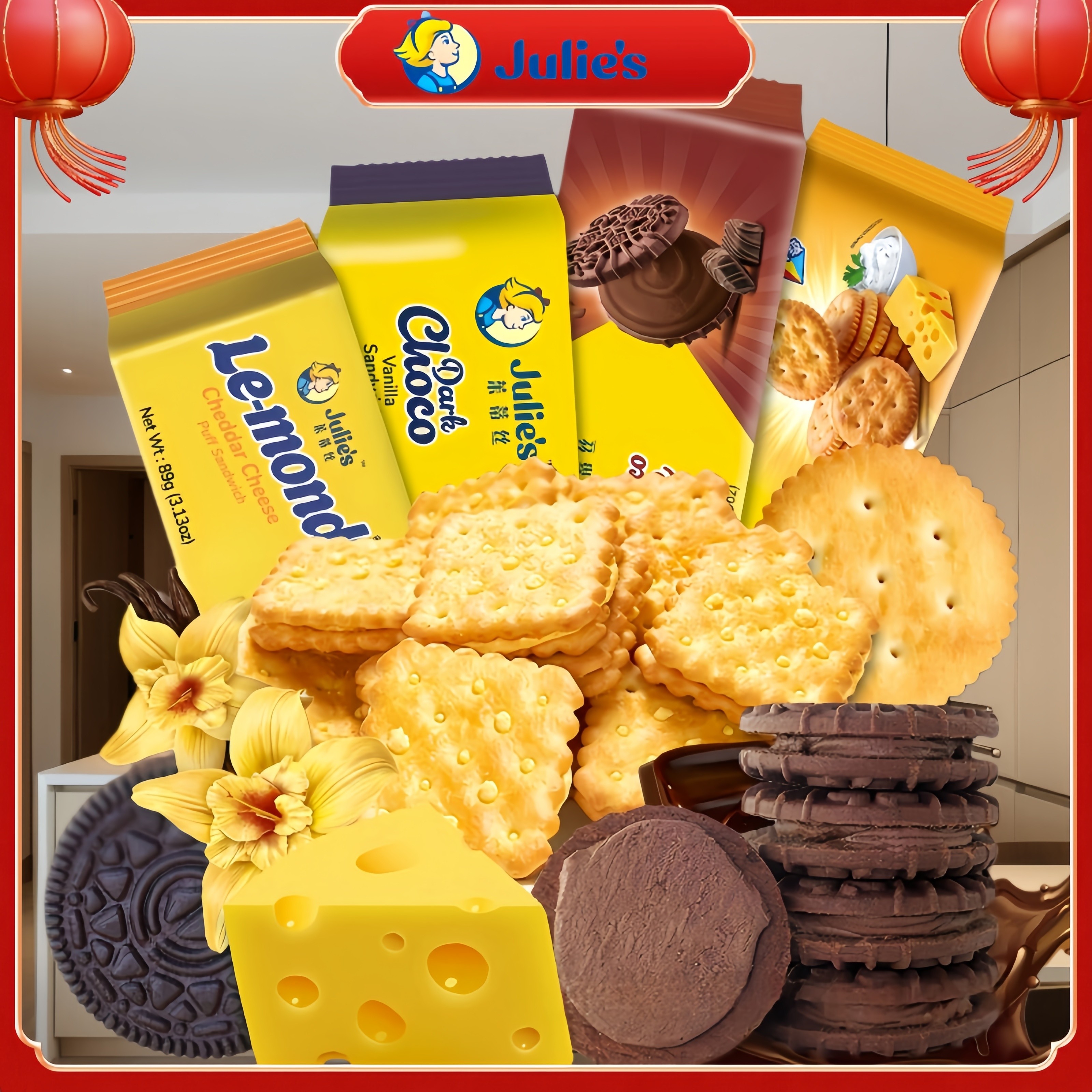 茱蒂丝马来进口芝士乳酪巧克力香草夹心饼干休闲89g99g101g小零食