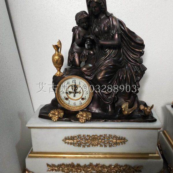 钟表复古欧式撞色镀金白色大理石纯铜机械女神母子平安座钟