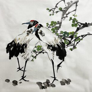 鹤寿图祝寿礼品画4044四尺斗方无款 花鸟画绿梅鹤 画芯宣纸玄关中式