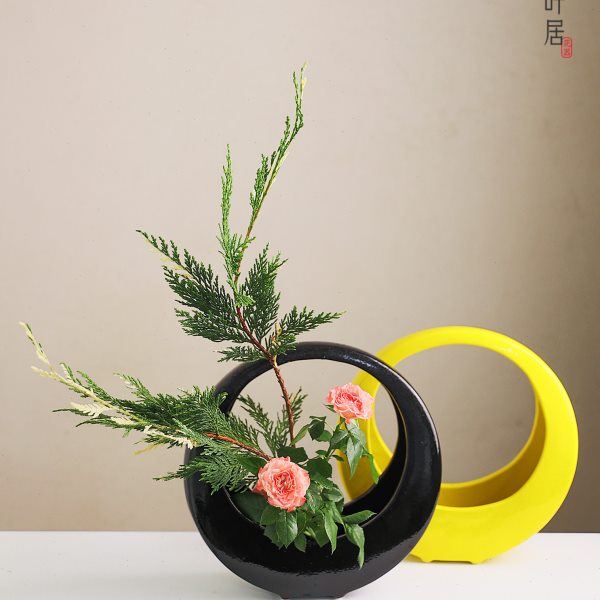 花叶居国产圆月自由器陶瓷花器池坊插花花瓶简易装饰客厅桌面摆件