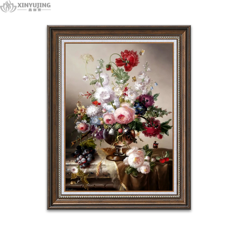 欧式纯手绘油画餐厅玄关客厅古典花卉壁画美式装饰画挂画花开富贵图片