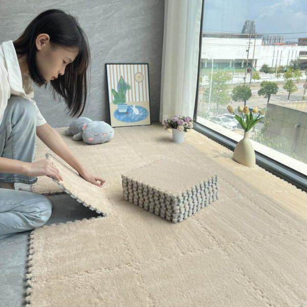 奶油风毛绒地毯卧室床边毯女孩房间方块拼接泡沫地垫子大面积全铺