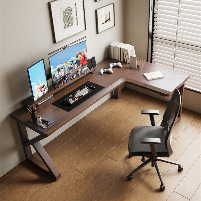 实木腿K字转角书桌家用L型电脑桌大板办公桌卧室拐角异形工作台