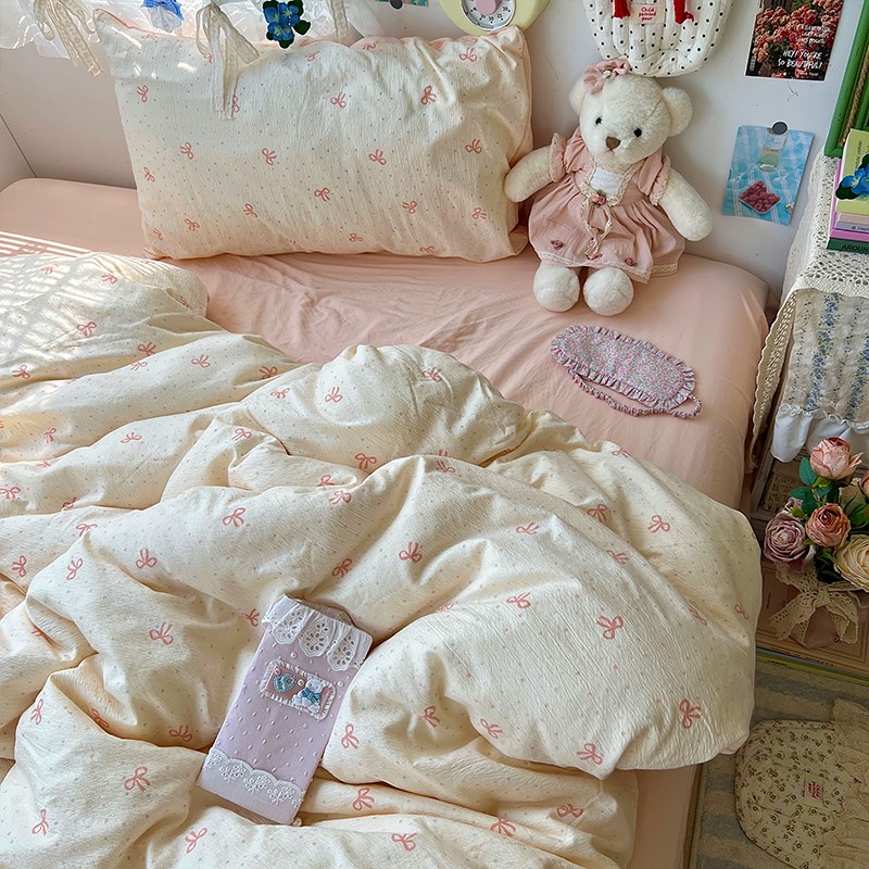 A类少女心蝴蝶结床上四件套纯棉全棉床单被套被罩学生宿舍三件套4