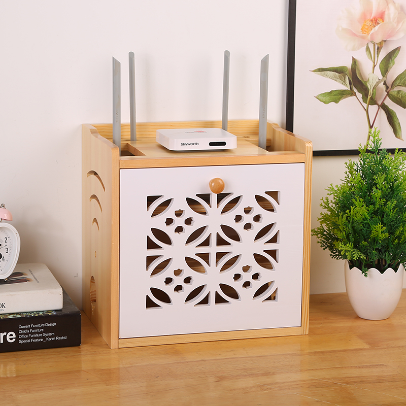 路由器收纳盒实木插排插座电源线收纳箱无线wifi光猫机顶盒置物架