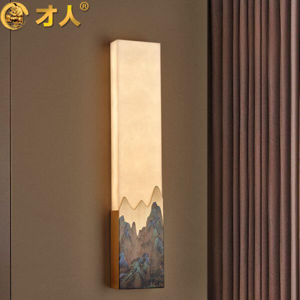 才人现代中式全铜壁灯中国风客厅背景墙装饰仿云石卧室床头灯对称