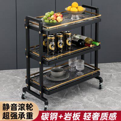 不锈钢岩板轻奢三层火锅车酒店手推移动餐桌置物菜架酒水餐车4S店