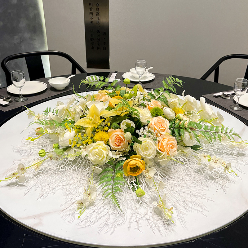 包厢台花绢布装饰假花高端酒店饭店大圆桌中间摆花餐桌花转盘摆件