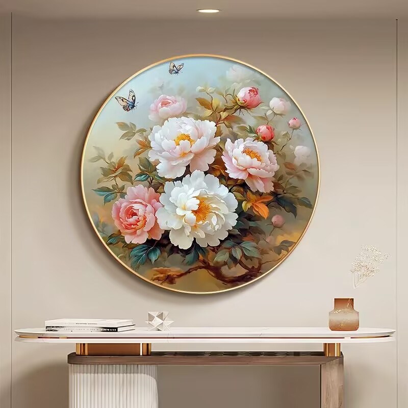 牡丹花圆形玄关挂画新中式花开富贵客厅装饰画餐厅主次卧床头壁画图片