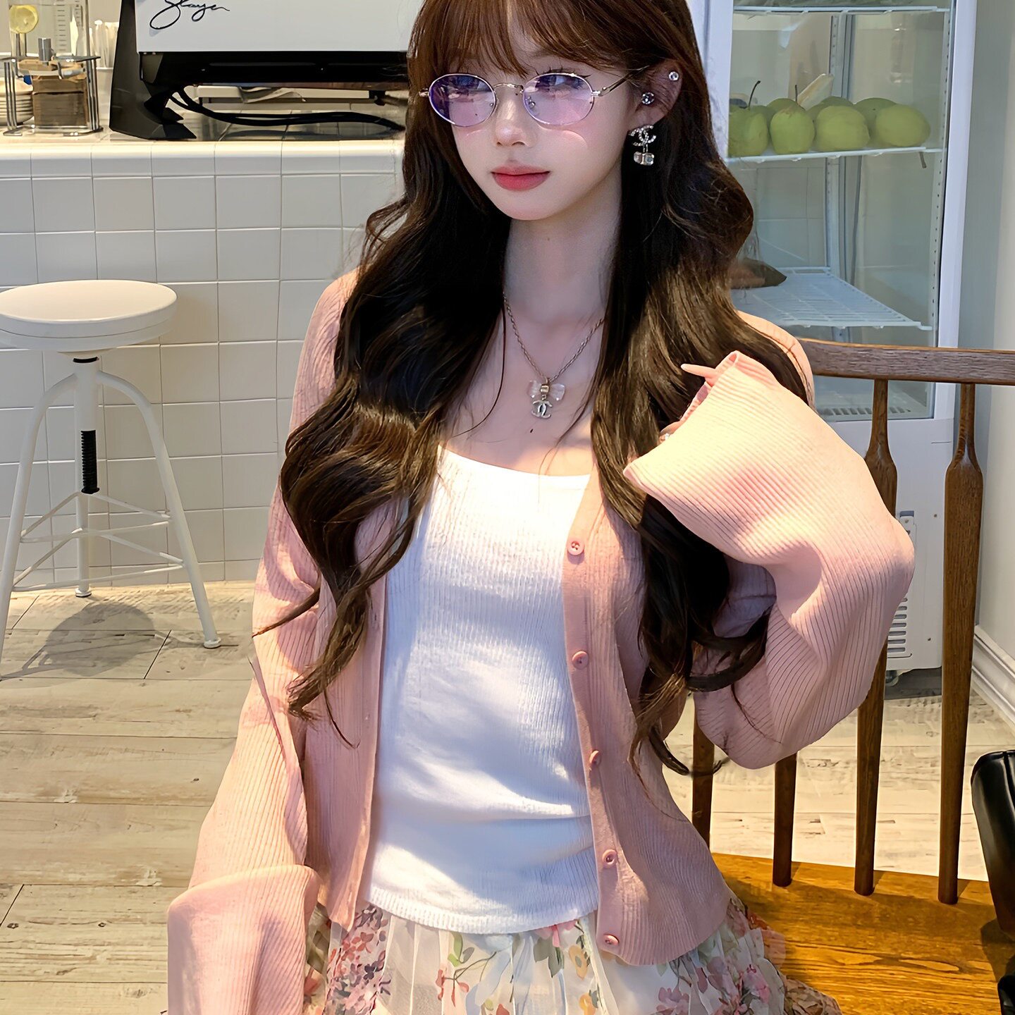 粉色针织开衫吊带女长袖毛衣吊带背心蛋糕半身裙两件套装