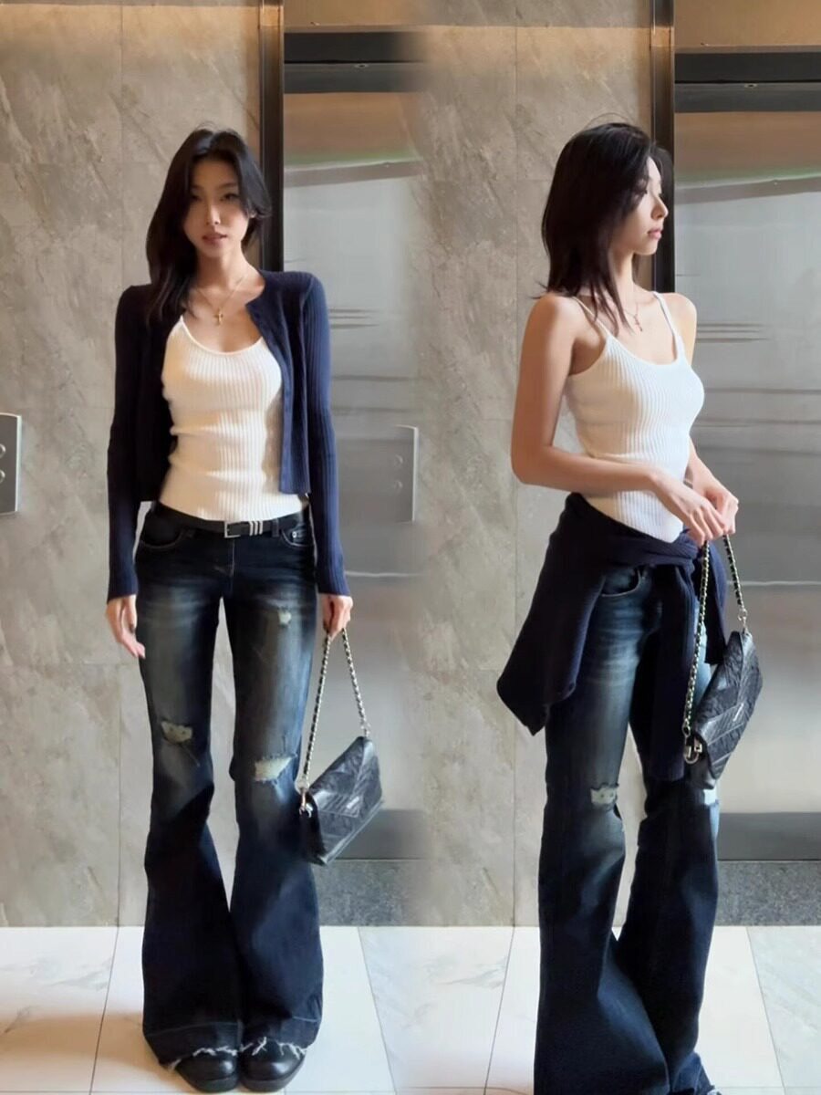 时髦藏青色纽扣开衫针织衫女春秋短款内搭叠穿吊带背心百搭两件套