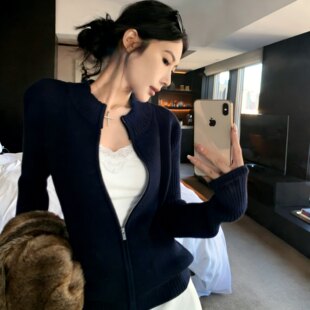 美式立领拉链针织开衫女春秋老钱风穿搭修身显瘦毛衣外套长袖上衣