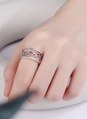 s925纯银锁链链条戒指韩版简约复古做旧时尚个性男女食指戒