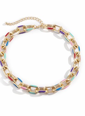 欧美跨境饰品 创意画油彩色十字链条项链女 简约几何磨链项饰