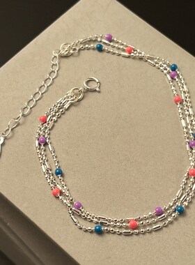 925纯银三层彩色豆豆圆珠链条手链女简约小巧彩虹滴油手环B6713