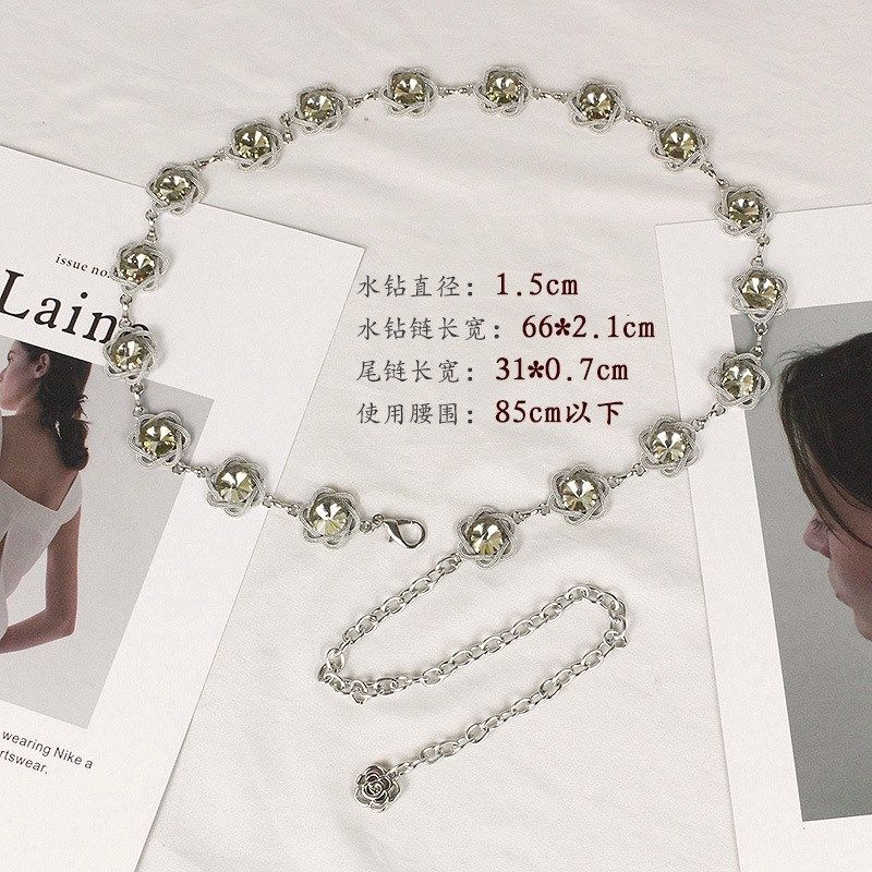 金属链条女水钻百搭花朵装饰连衣裙配饰水晶腰带配裙子毛衣细腰链