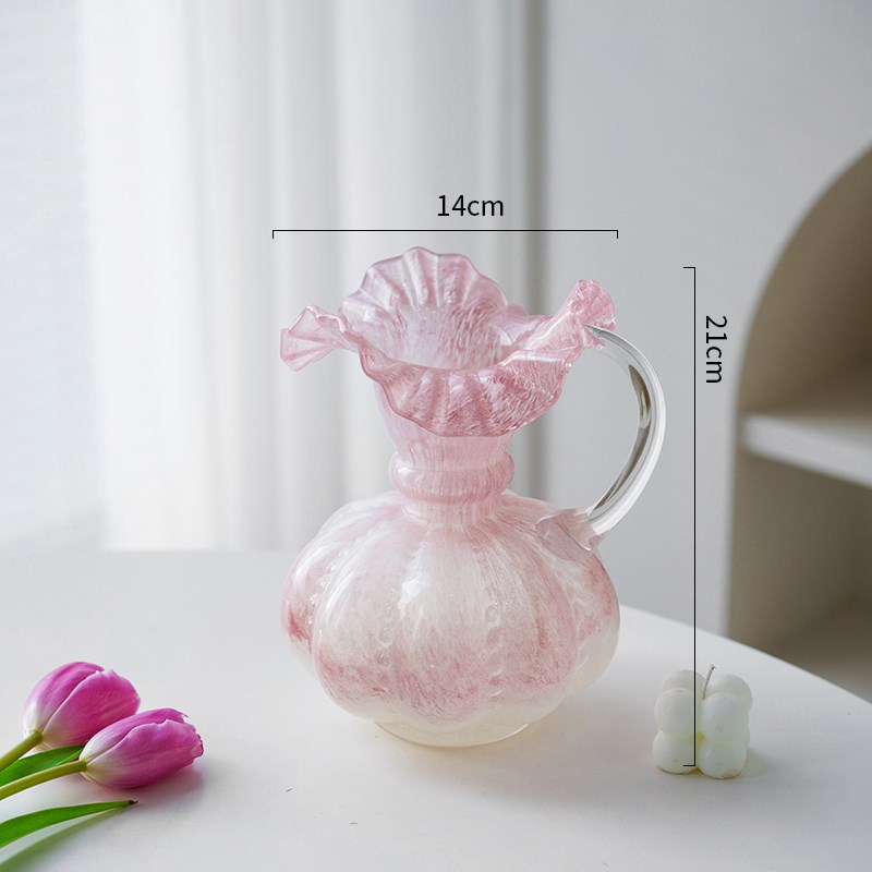 中古花瓶摆件g粉色插花装饰餐桌玻璃家居复古轻奢琉璃法式鲜花花