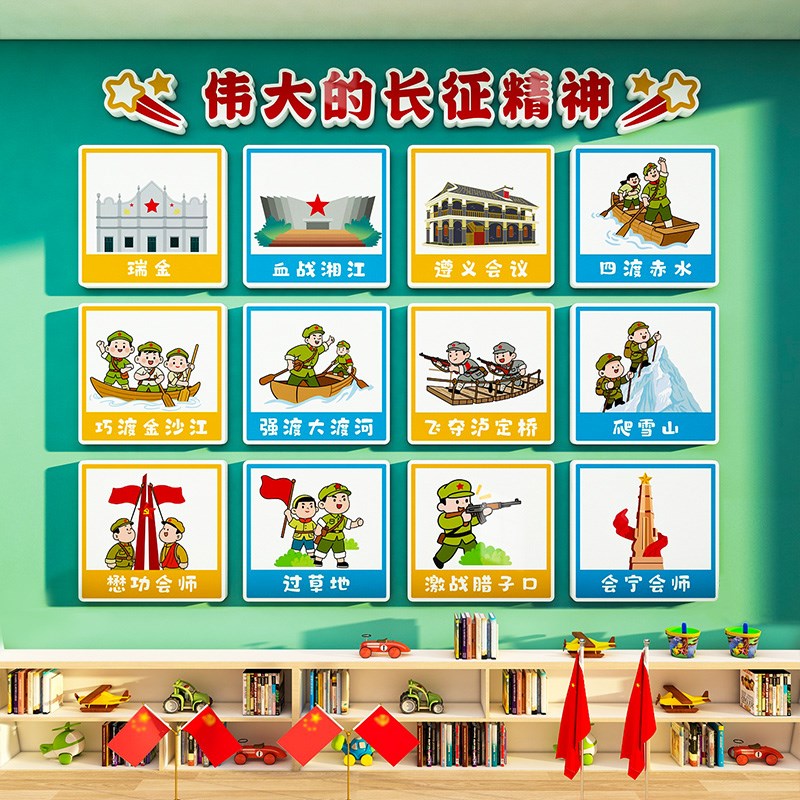 幼儿园爱国环创主题红色军长征精神记忆故事布置文化墙面装饰贴纸