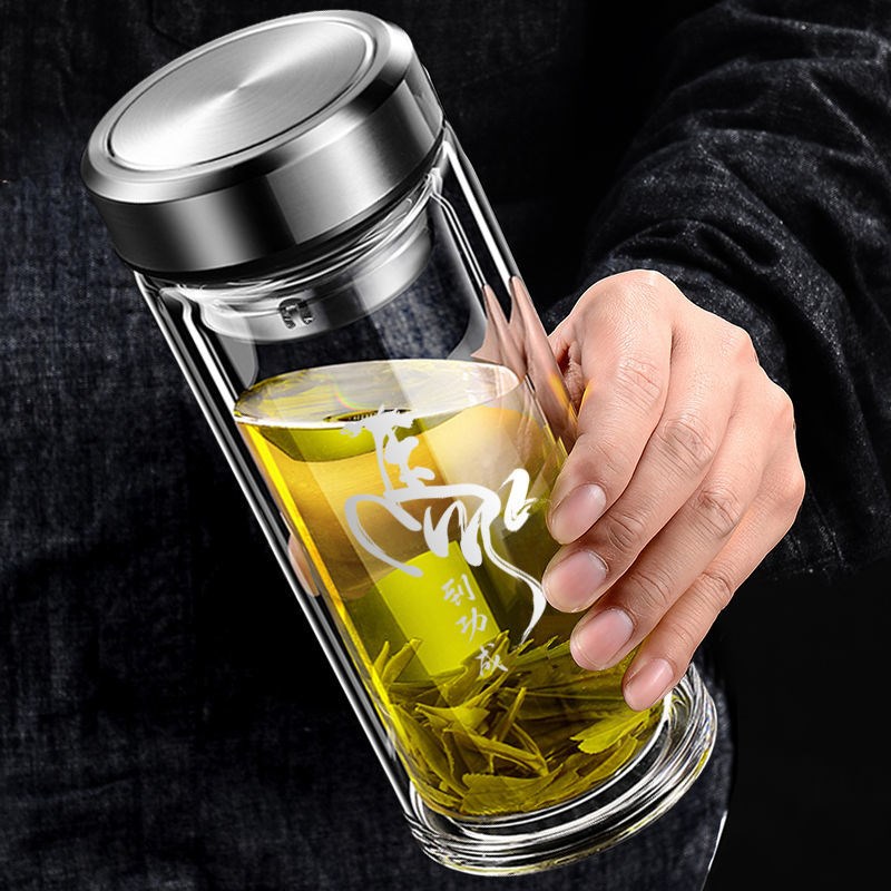 双层大容量玻璃杯隔热水杯茶杯车载喝水男透明家用加厚1000ml防爆