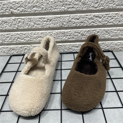 断码处理复古森系加绒毛毛单鞋女2024秋冬季新款法式一字玛丽珍鞋