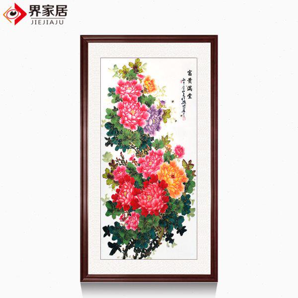 界家居金线牡丹竖版玄关花开富贵现代简约新中式装饰画挂画客厅