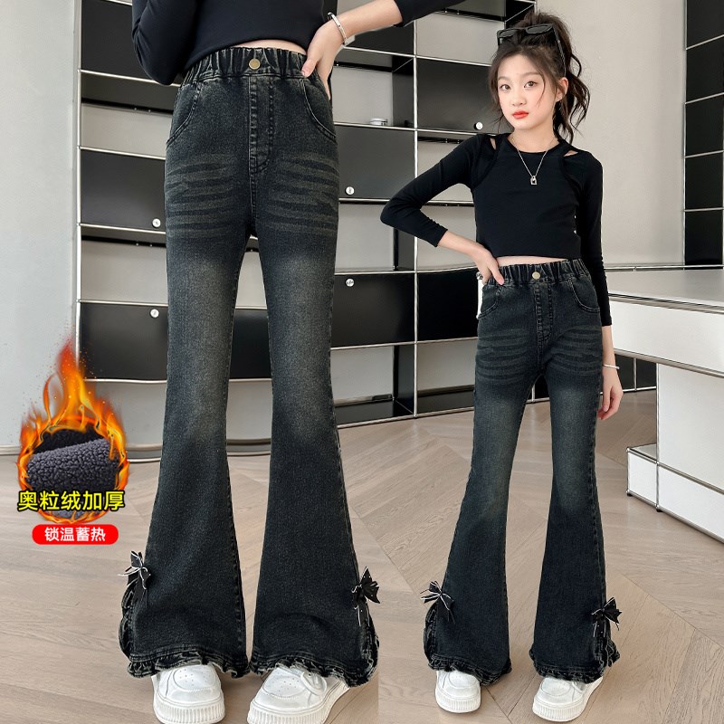 女童加绒喇叭裤秋冬新款中大童加厚一体绒修身裤子洋气儿童牛仔裤