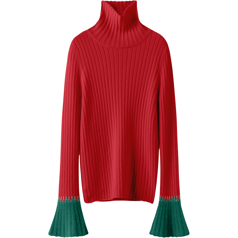 美~精致璀璨时刻!喇叭袖高领羊绒衫女纯羊绒毛衣针织打底衫秋冬