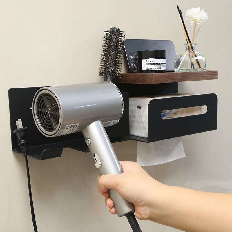 胡桃木吹风机置物架免打孔壁挂式电吹风机洗脸巾一体浴室纸巾支架