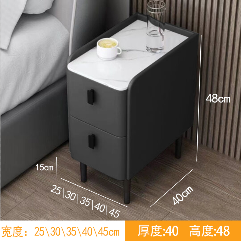 岩板实木床头柜家用m小户型迷你窄柜简约现代皮革床边柜轻奢收纳