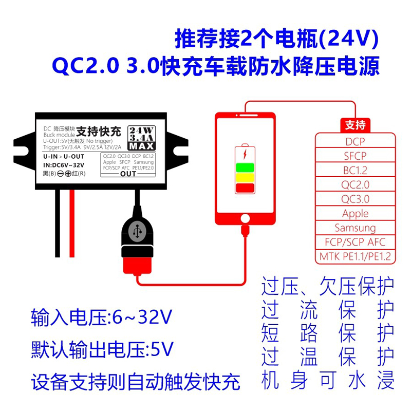 DC12V转5V降压模块手机快充USB电源转换器车载60V48V24V12V转5V3A