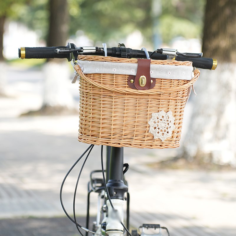 复古折叠自行车藤编车筐车篮柳编单车车篓框带盖电动车尾箱菜篮子