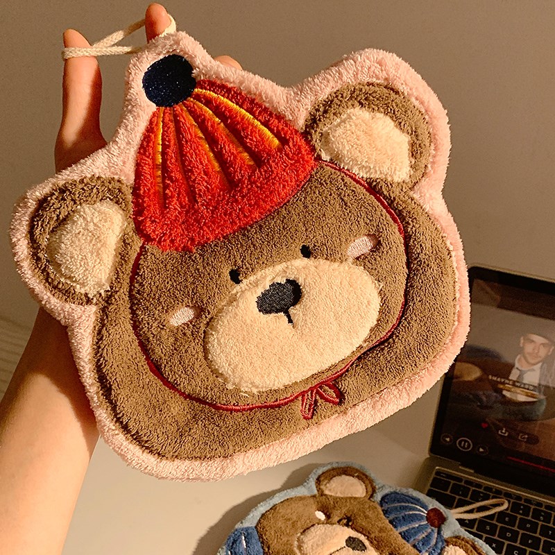 可爱小熊挂式擦手巾超强吸水珊瑚绒加厚毛巾卫生间不发臭厨房手帕