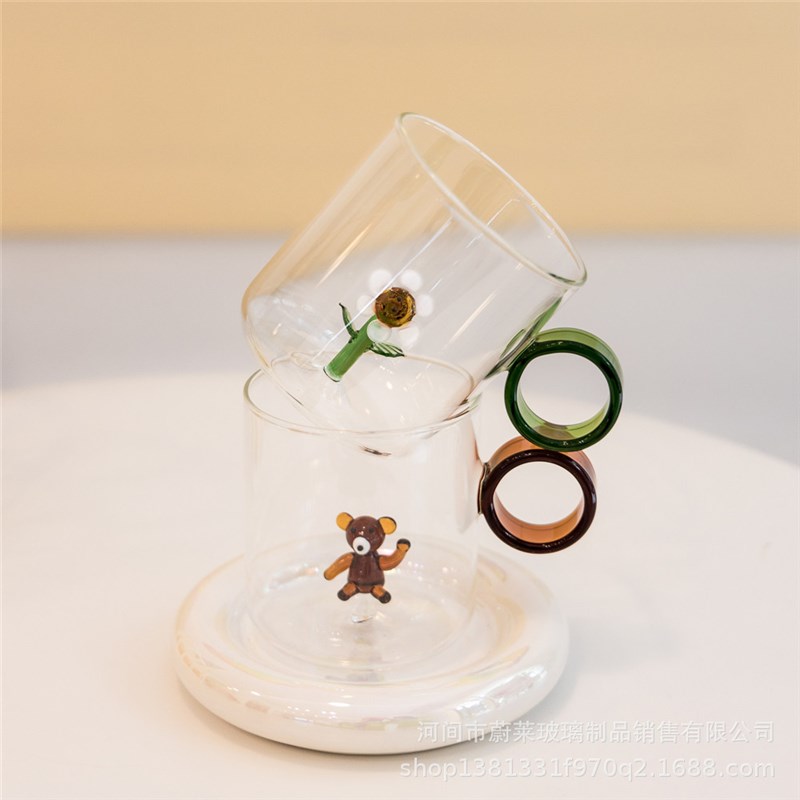 卡通可爱立体动i物造型玻璃水杯带把手高硼硅耐高温咖啡杯牛奶杯