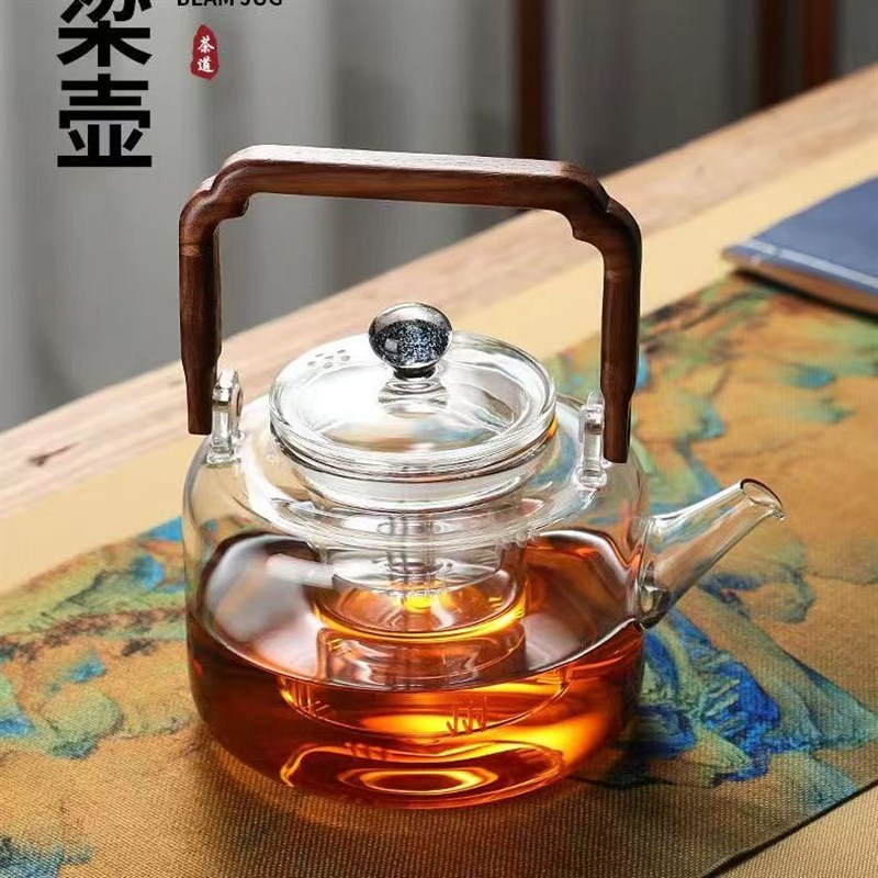 蒸煮两用茶壶耐高温厚玻璃大容量泡茶壶实木提梁壶明S火加热壶1.3